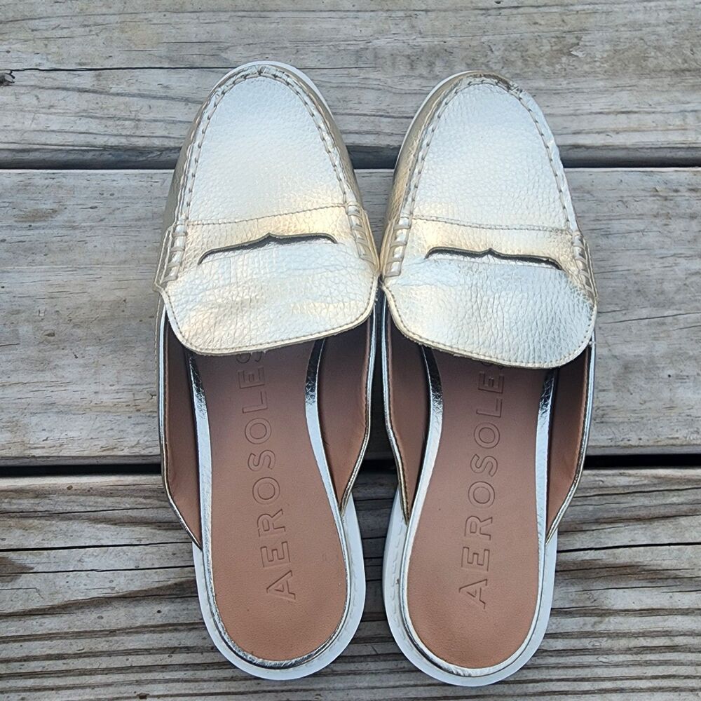 Aerosoles Sallyl Gold Metallic Loafer Mules Womens Sz 7.5 Slip-On Comfort Flats